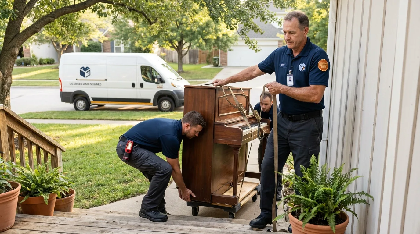 Licensed piano movers securing grand piano in Island Lake, IL