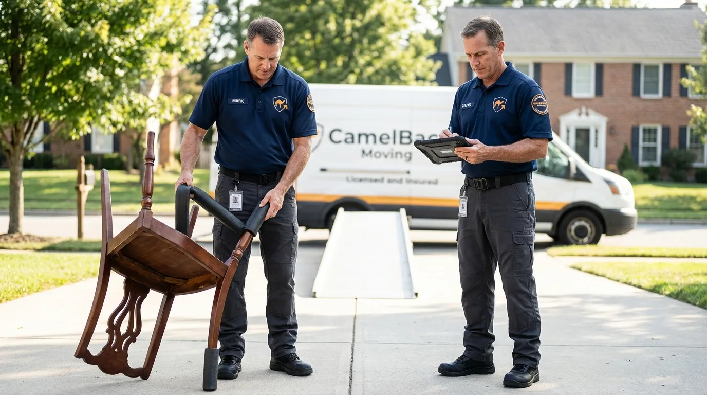 Movers inspecting furniture for damage prevention before loading in Island Lake, IL