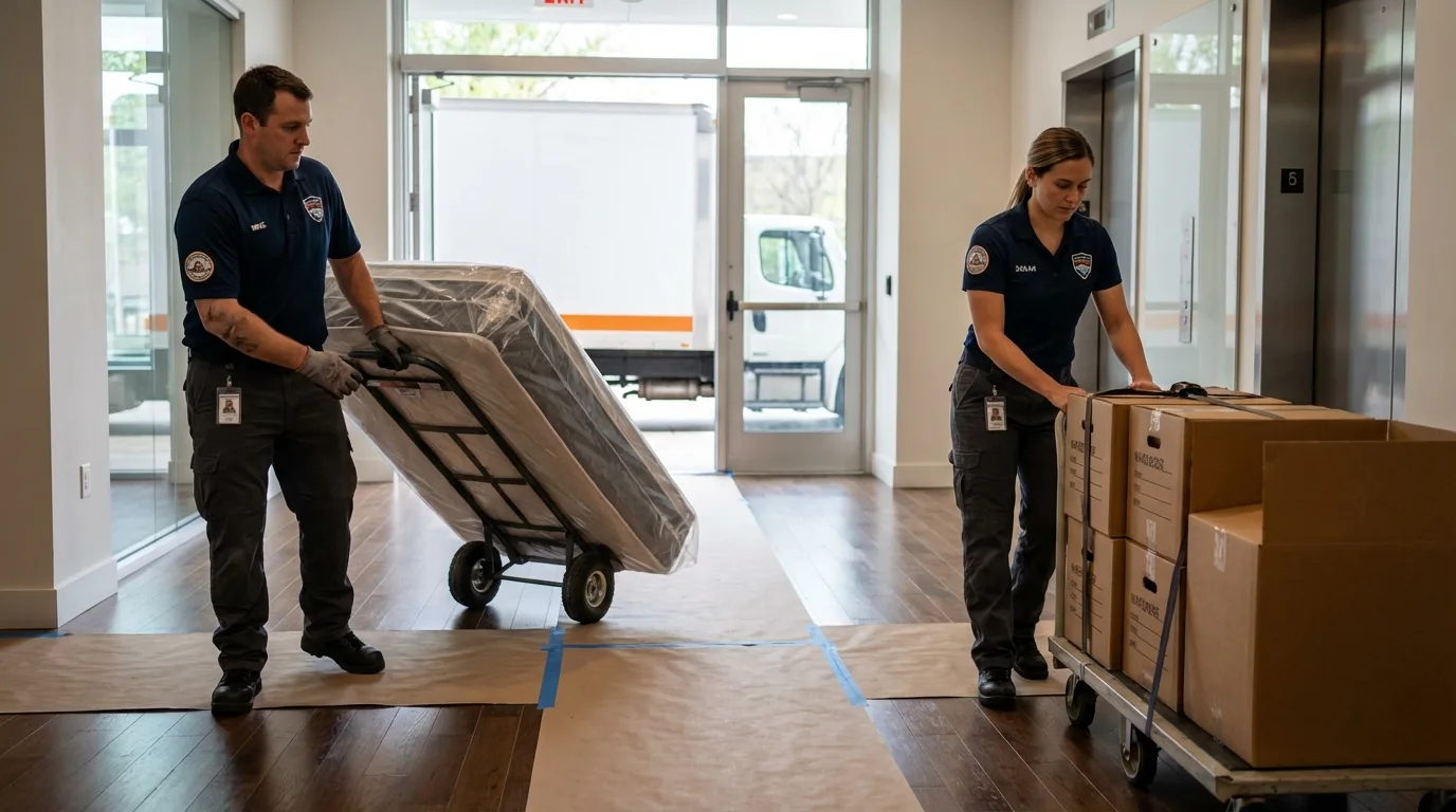 Professional apartment movers loading elevator in Island Lake, IL
