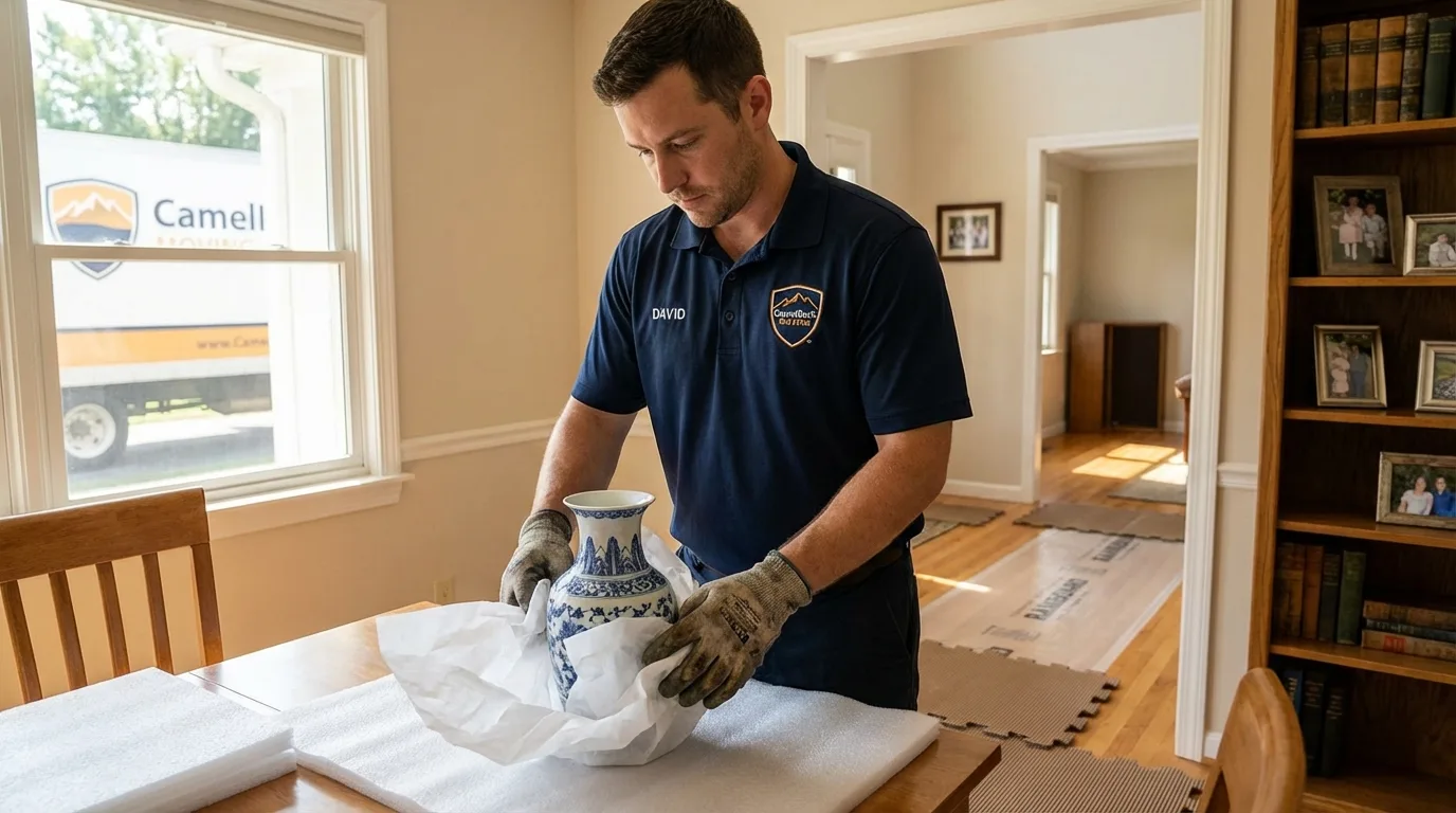 Professional crew carefully wrapping antique vase for senior downsizing move in Island Lake, IL