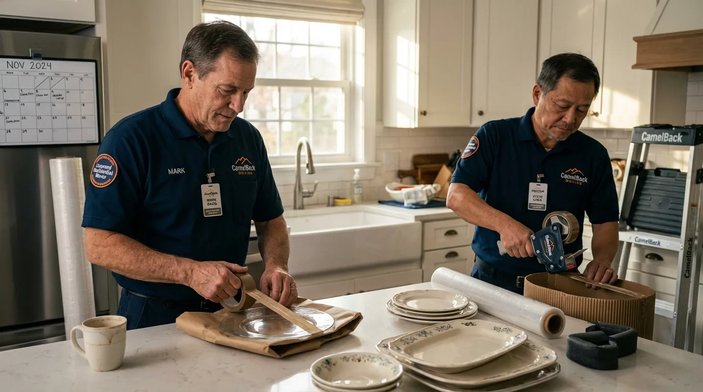 Professional crew packing kitchen dishware in Island Lake, IL